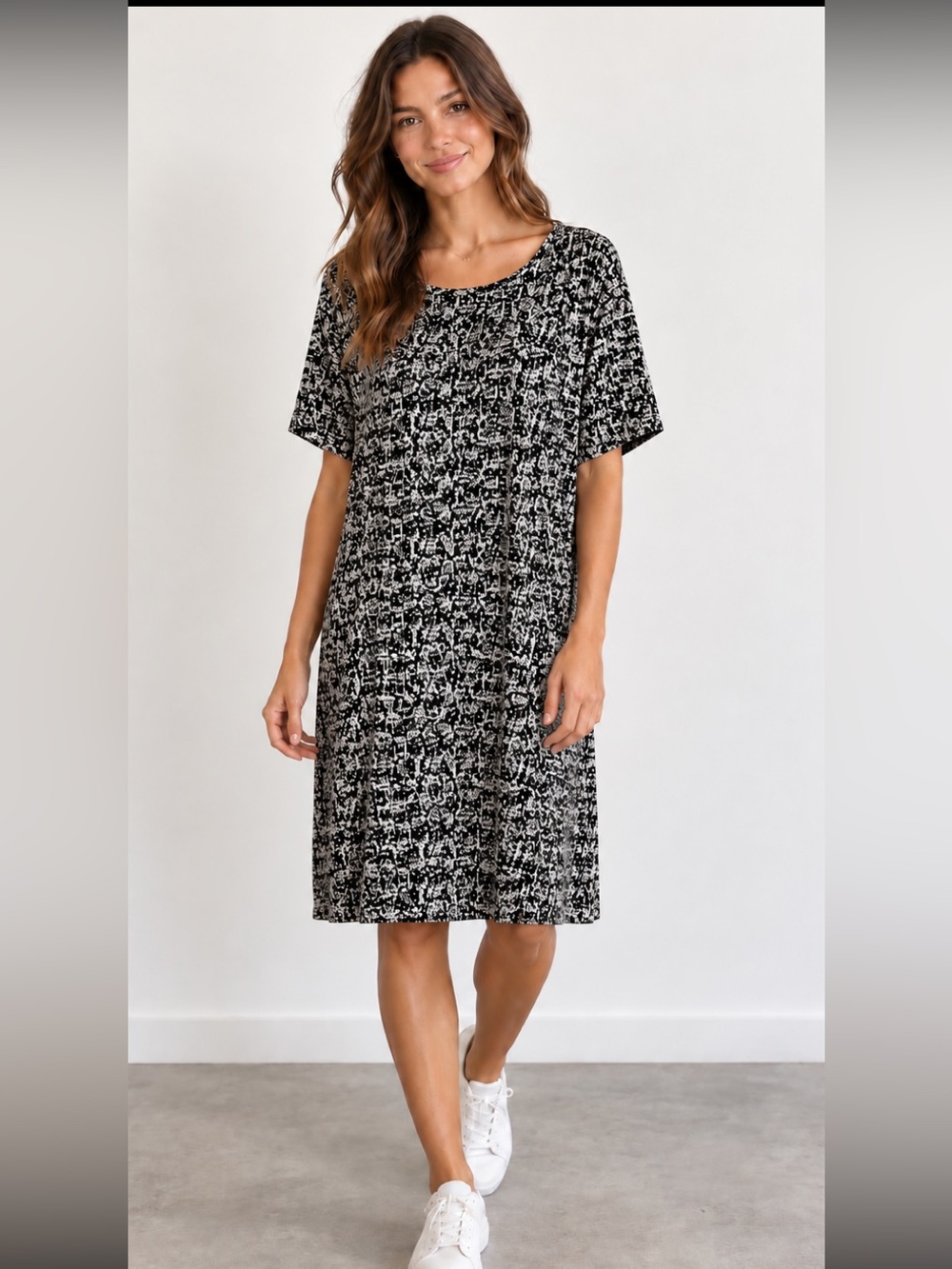 J. Jill Black and White Boatneck Abstract Print Shift Midi Dress Size Petite L